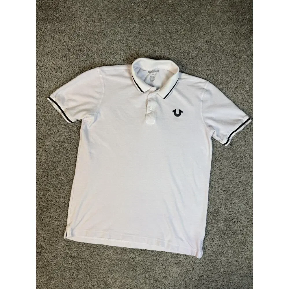 True Religion Polo Shirt Mens M White Pink Short Sleeve 100% Cotton Collared
